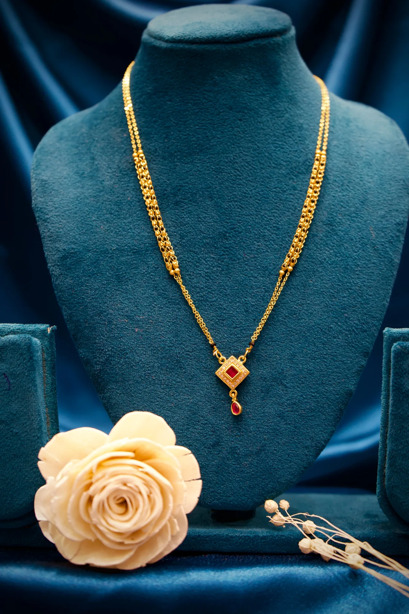 Elegant Ruby Square Pendant Double Chain Mangalsutra