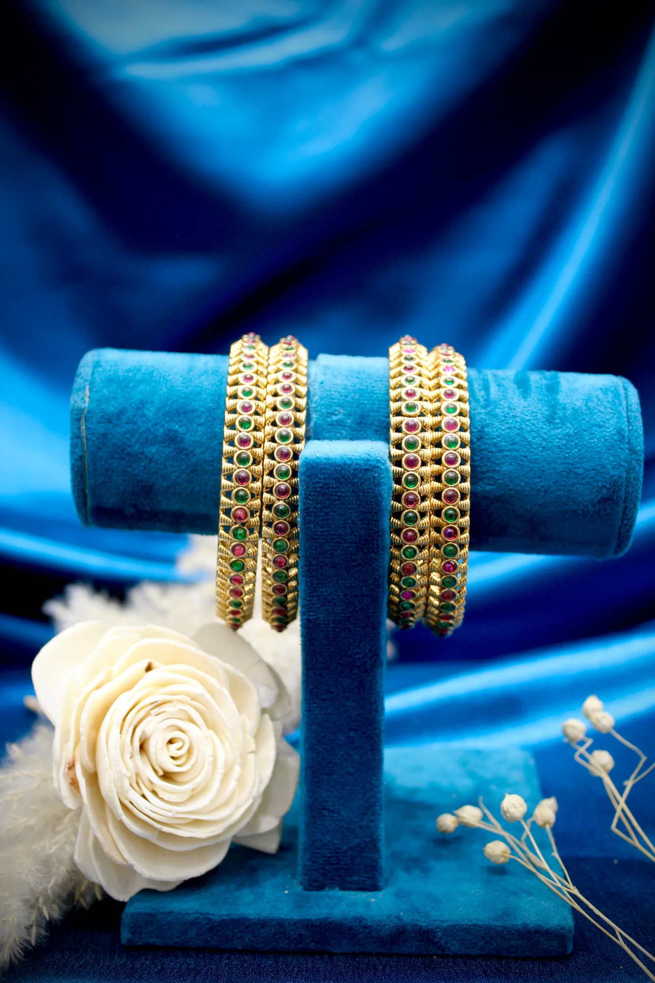 Traditional Ruby Emerald Stone Studded Bangle Set