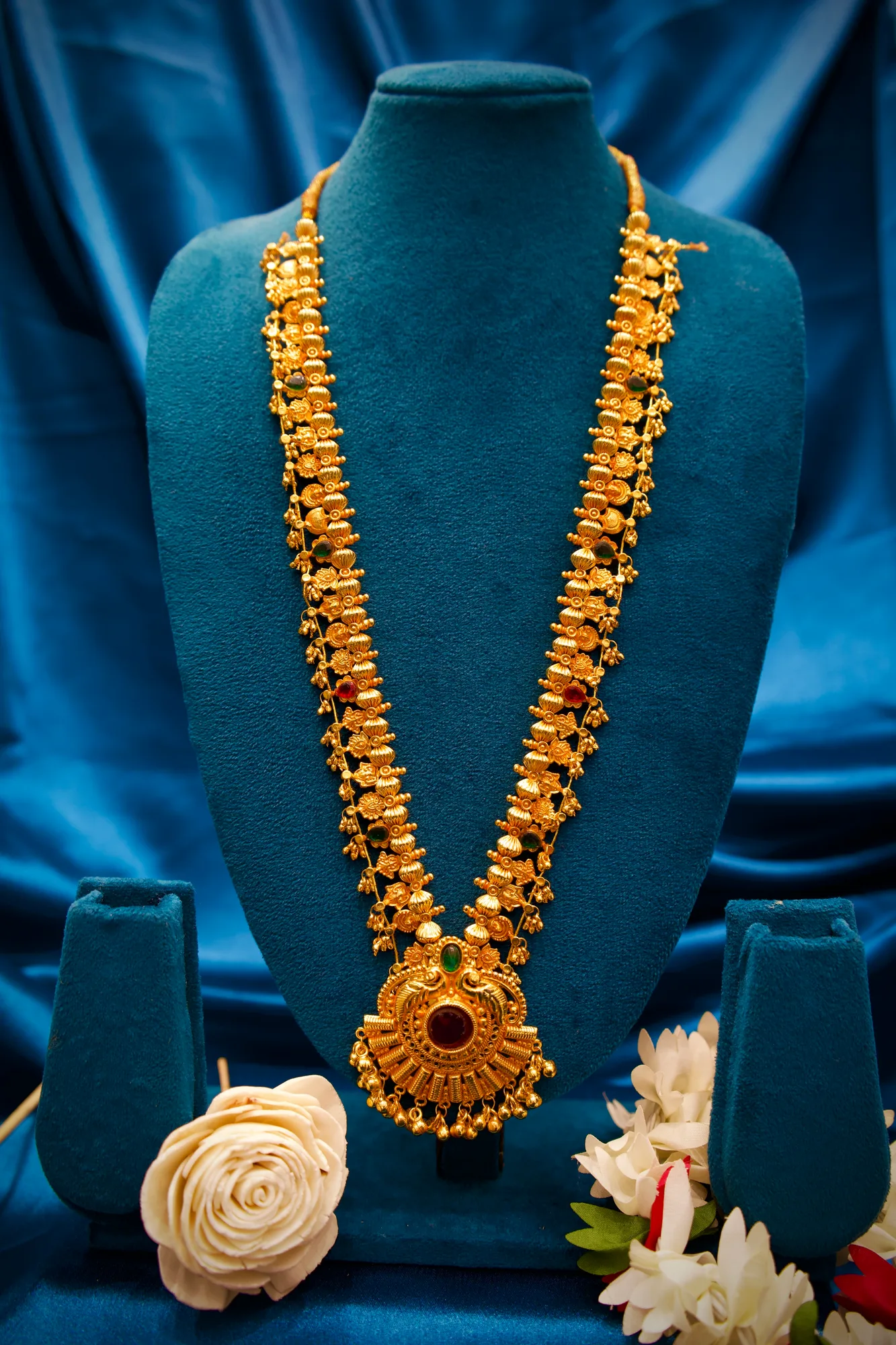 Antique Temple Long Haram Necklace with Ruby & Emerald Pendant