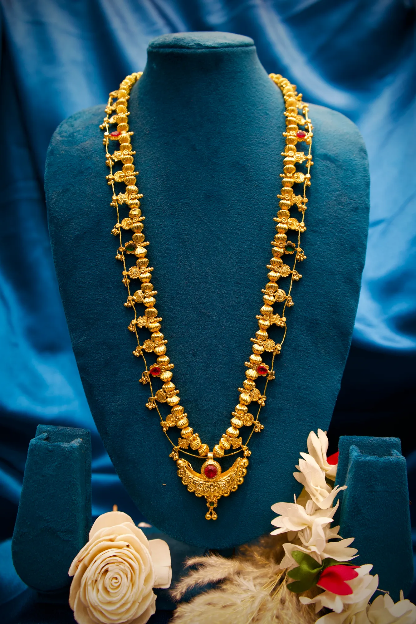 Antique Floral Long Haram Necklace with Ruby Stone Pendant