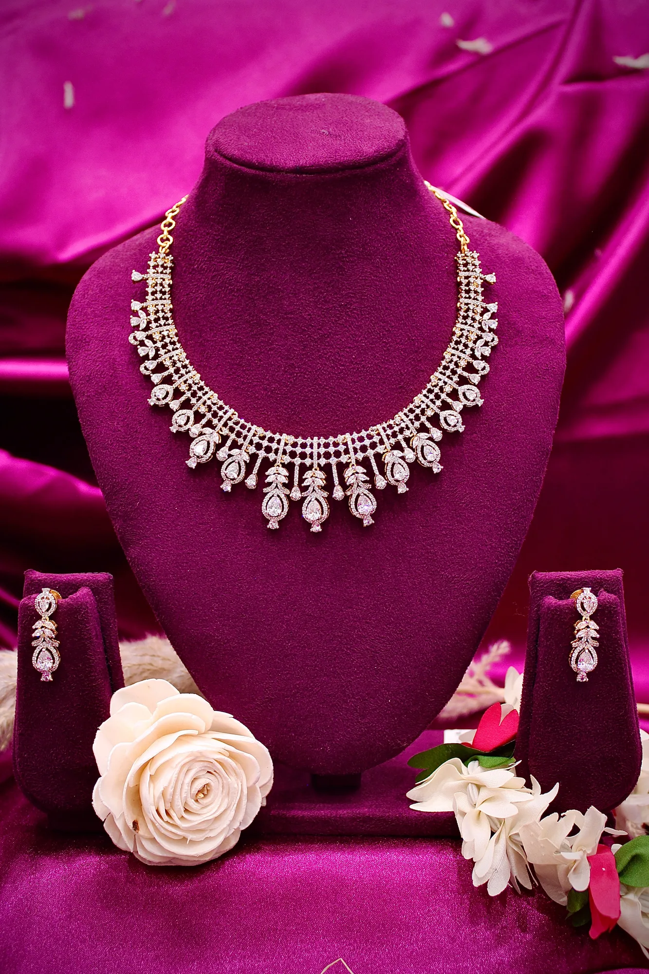 Royal American Diamond Bridal Necklace Set with Teardrop Danglers