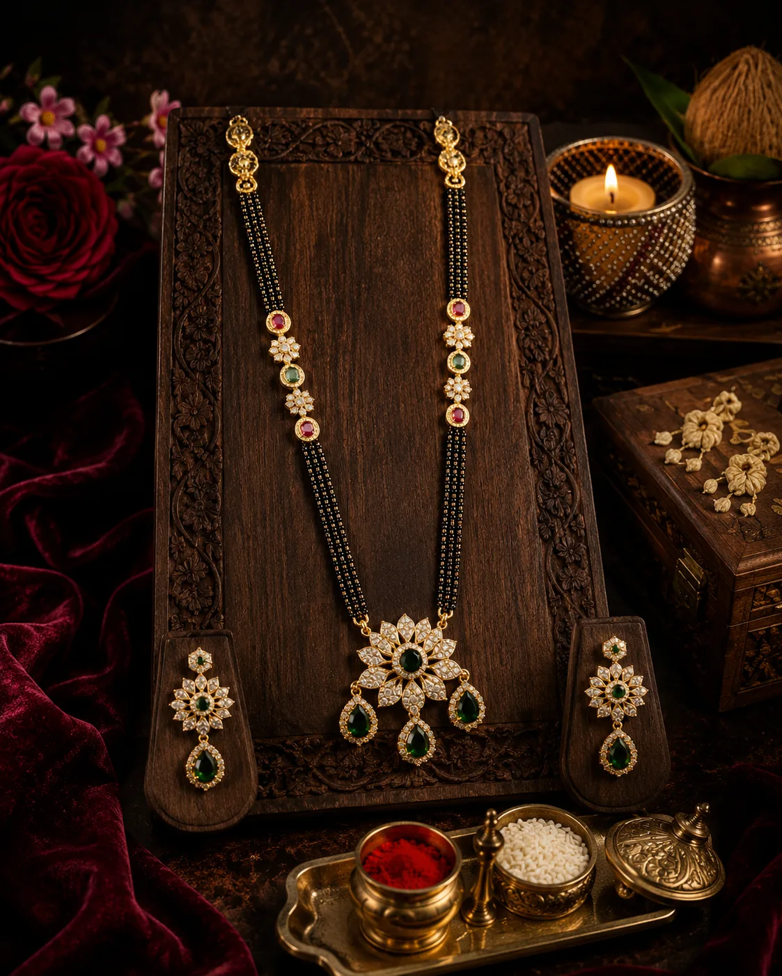 CZ Emerald & Ruby Long Mangalsutra Set with Lotus Pendant & Matching Earrings