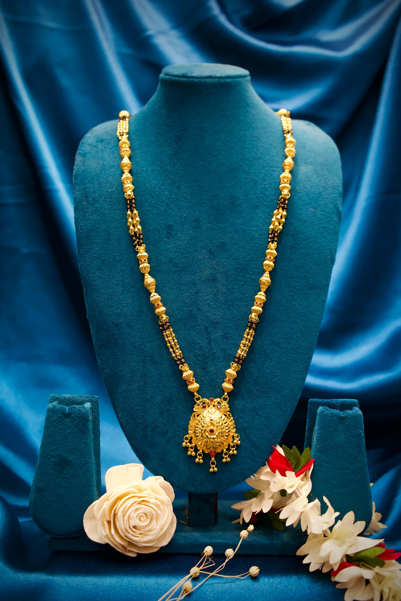 Royal Traditional Black Bead Mangalsutra with Ruby Stone Pendant