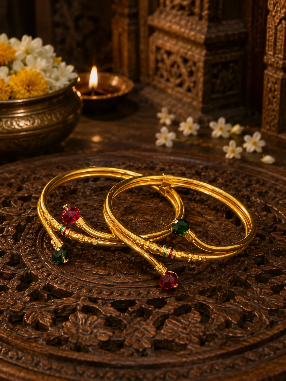 Traditional Dual-Stone AD Gold Finish Open Bangle