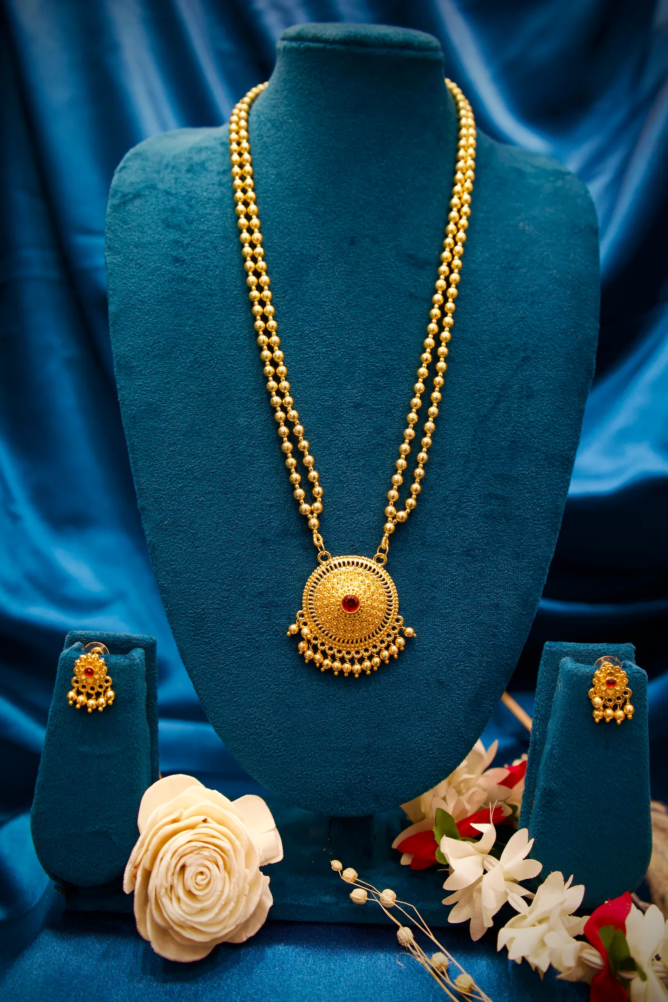 Traditional Coin Bead Long Necklace Set with Circular Ruby Pendant