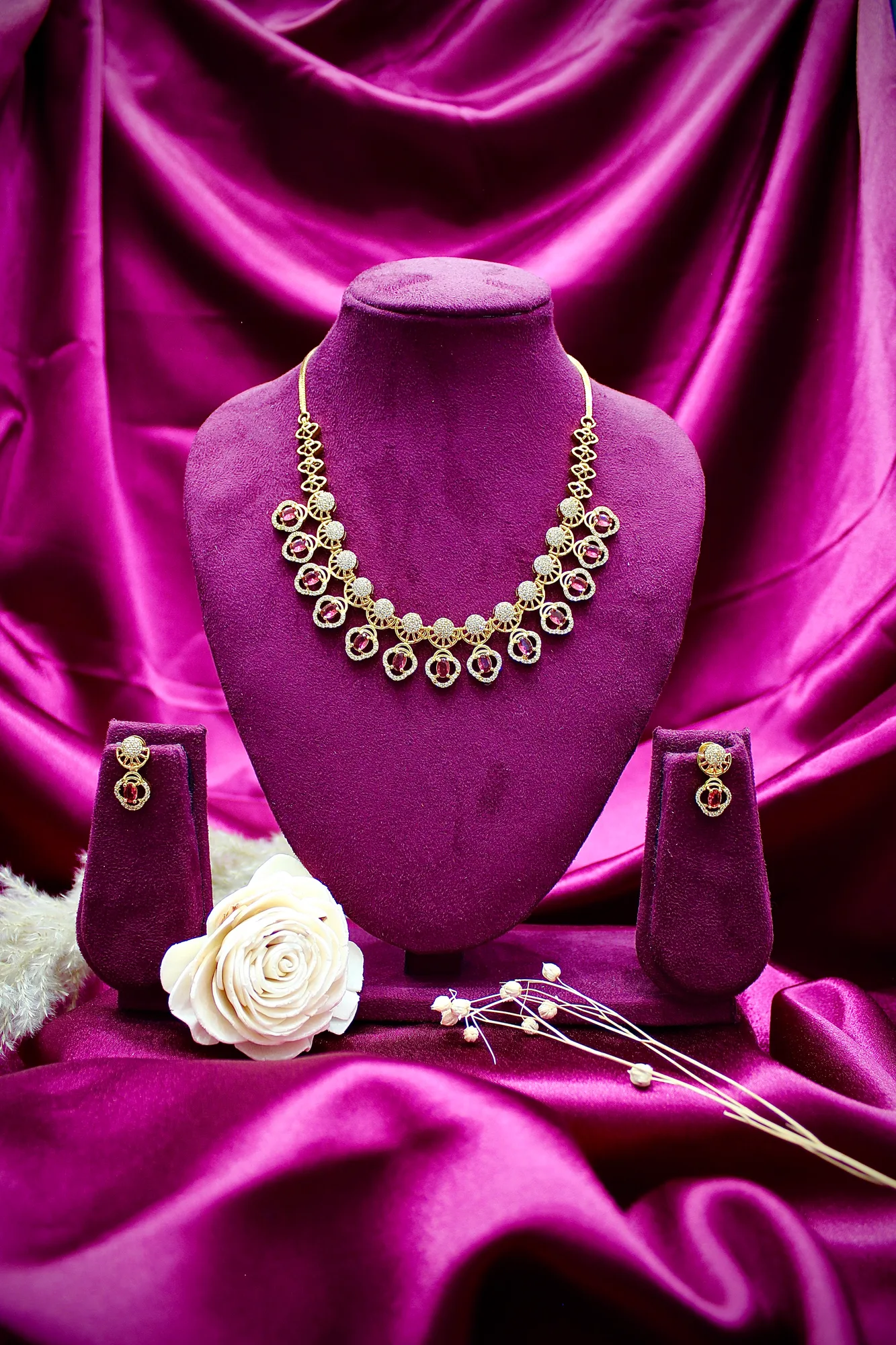 Ruby Crystal Designer Necklace Set with Matching Earrings