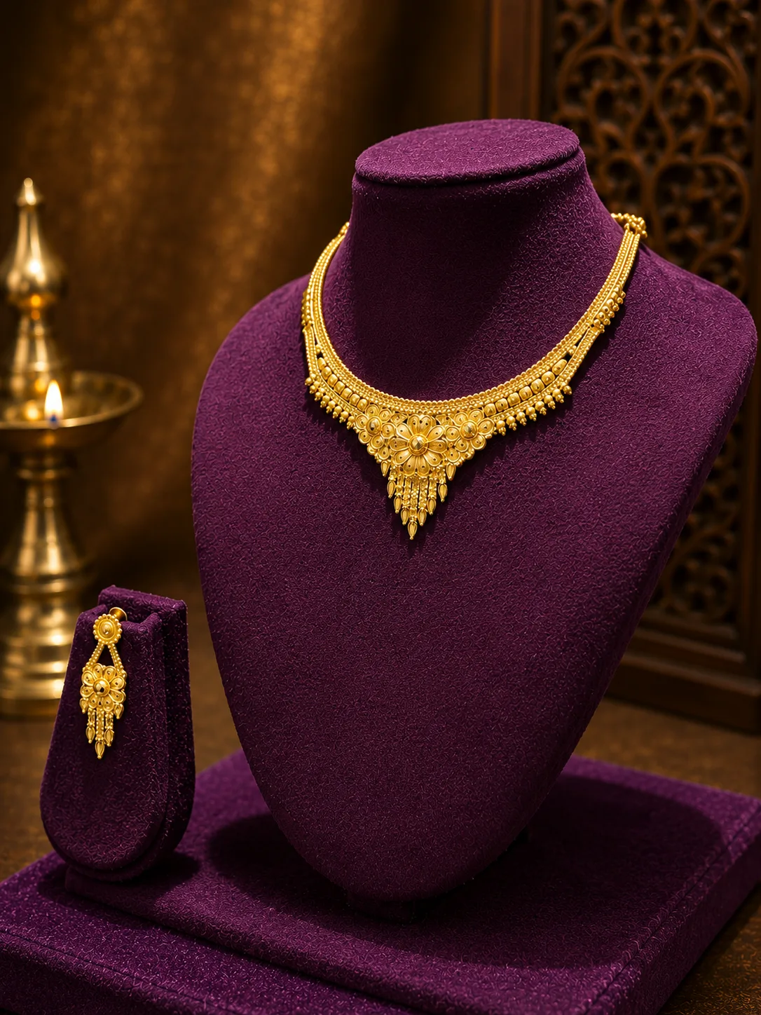 Traditional Floral Gold Necklace Set with Matching Earrings