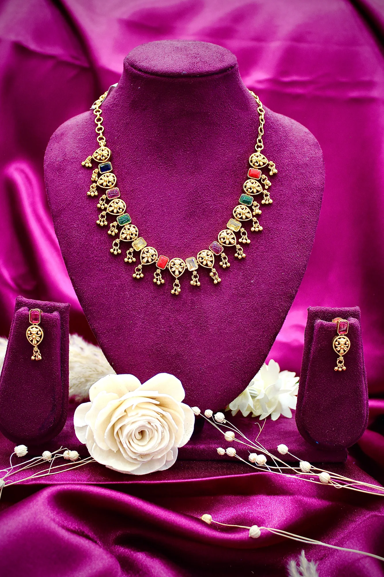 Traditional Navratna Antique Necklace Set with Filigree Charms