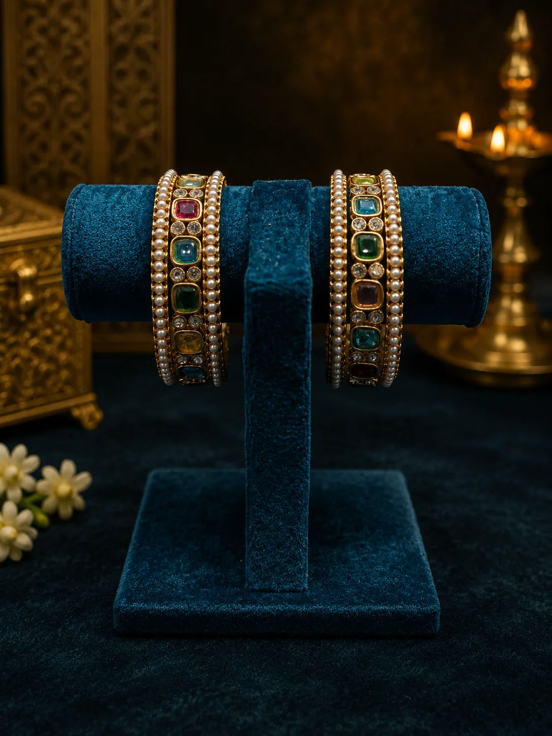 Royal Navratan Cabochon Bangle Set with Pearl & CZ Border