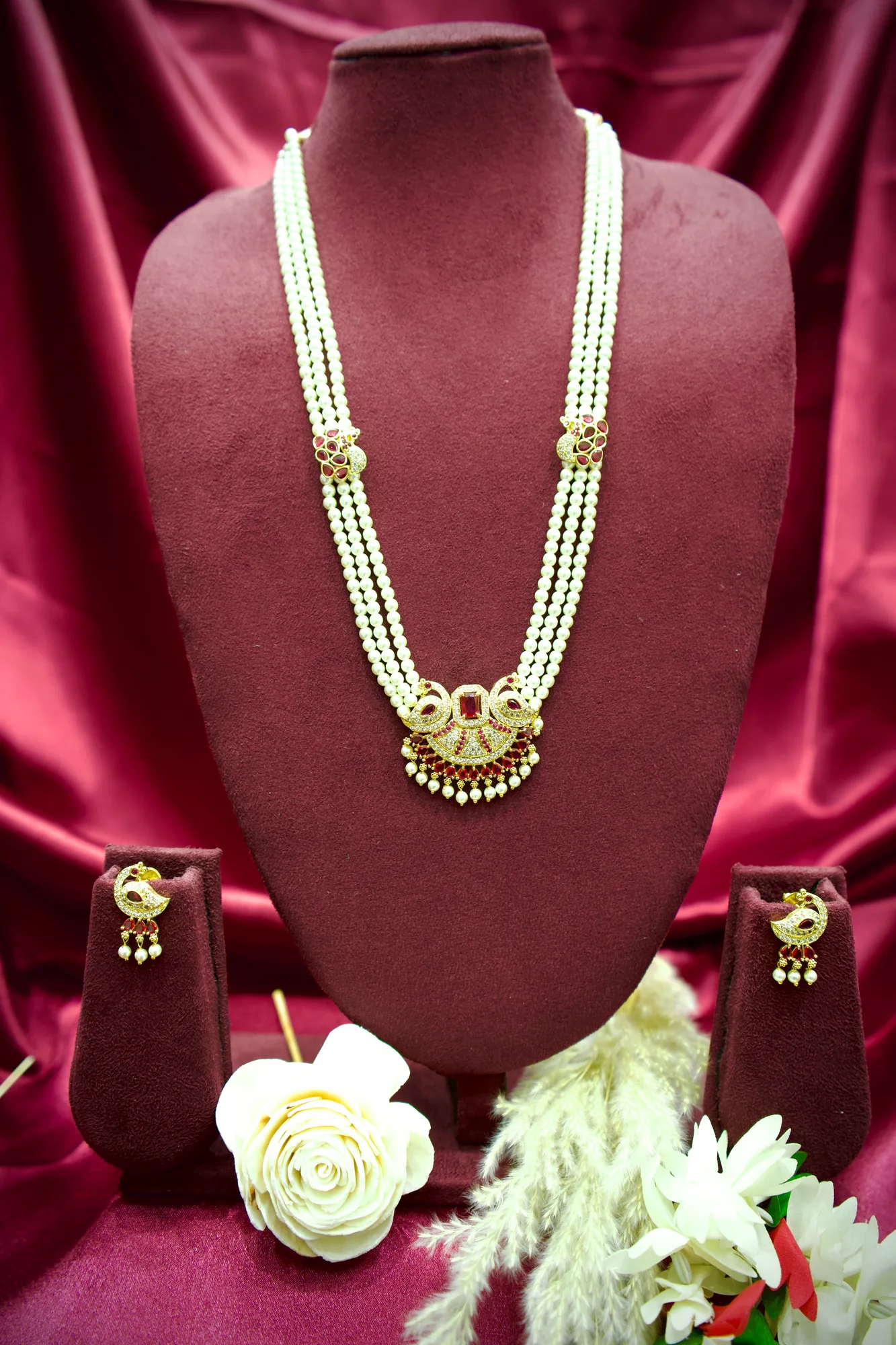 Classic Pearl Pendant Necklace Set with Ruby Stone Accents