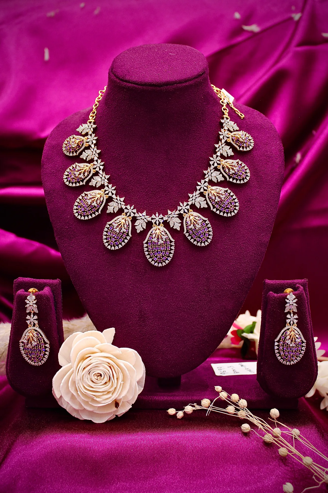 Elegant Purple Stone Leaf Drop Necklace Set