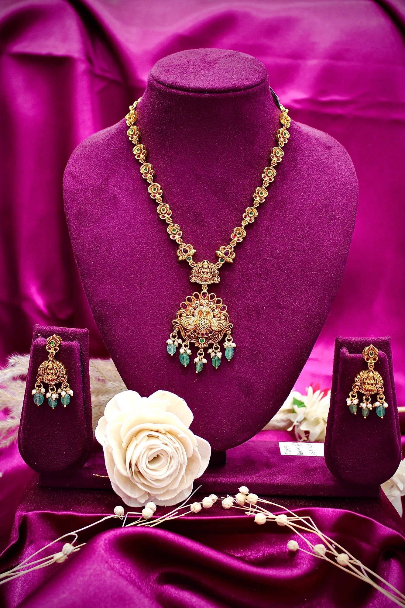 Traditional Lakshmi Temple Pendant Necklace Set with Emerald Bead Drops