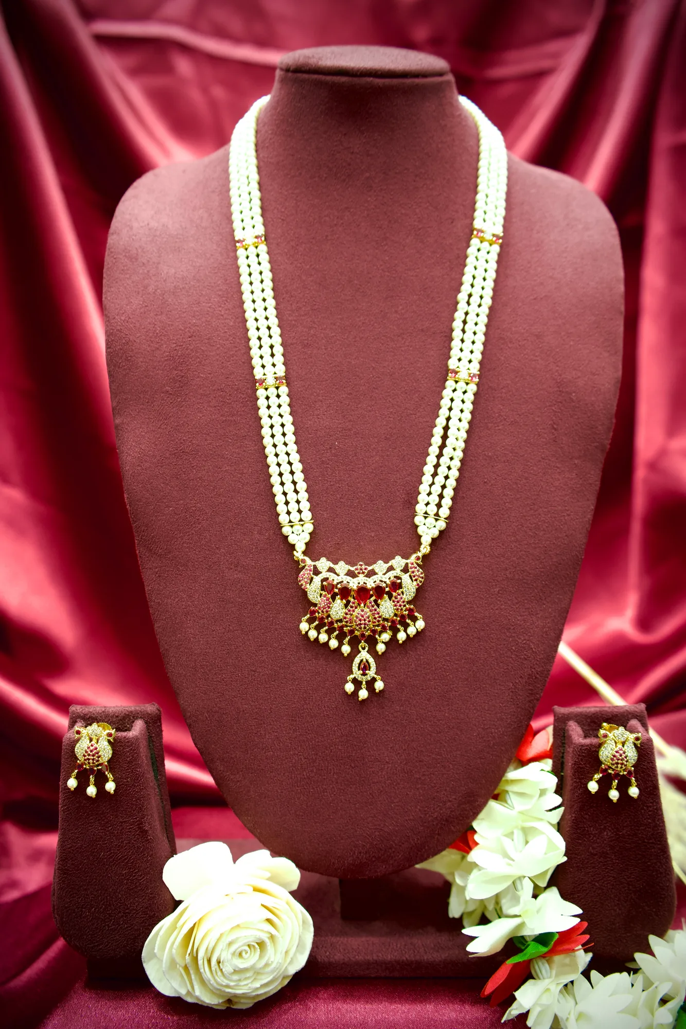Royal Pearl Pendant Necklace Set with Ruby CZ Detailing