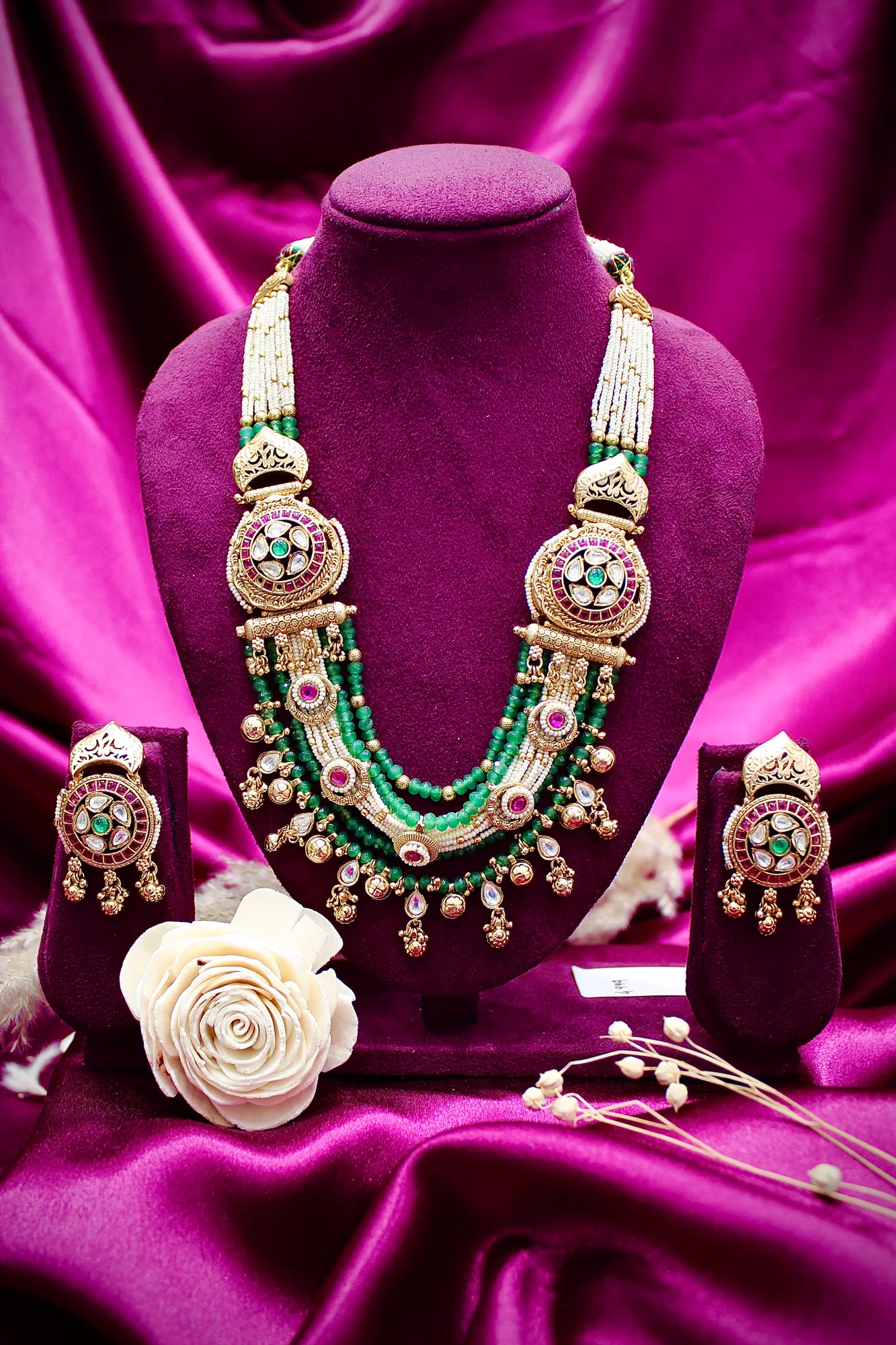 Royal Green Beaded Kundan Bridal Necklace Set