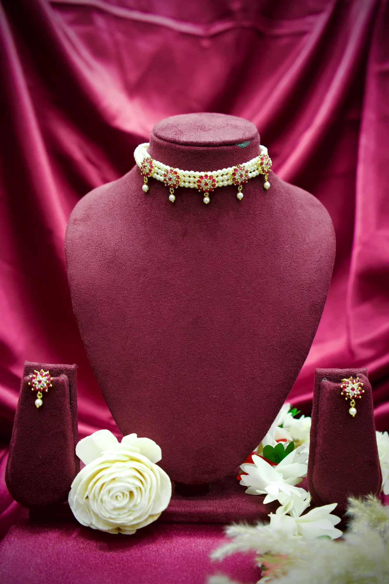 Floral Pearl Choker Necklace Set with Pink Stone Accents
