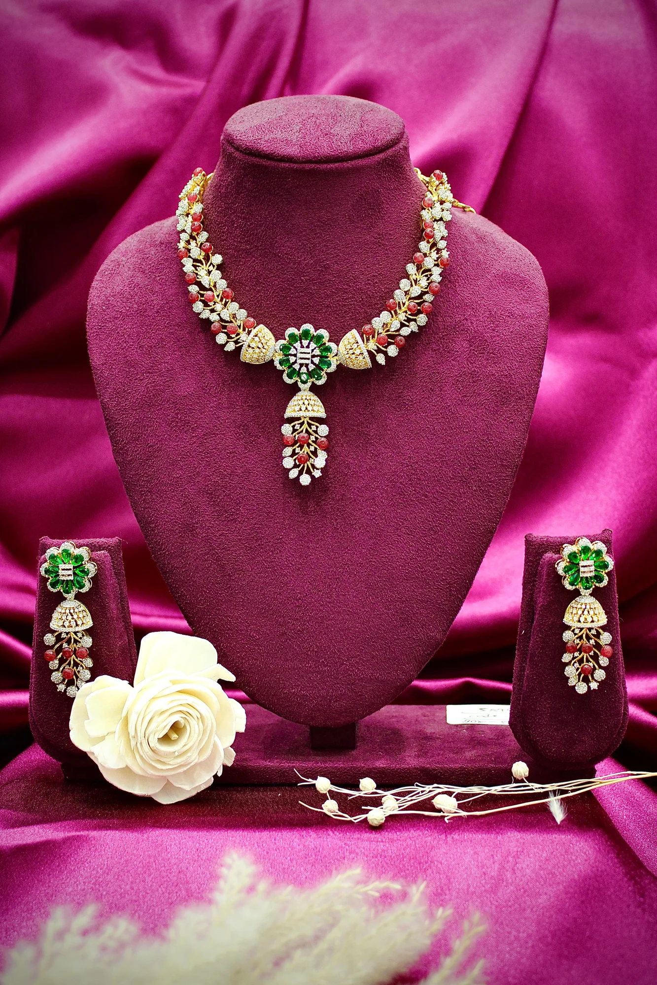 Royal Emerald Floral Jhumka Drop Earrings with Ruby Accents