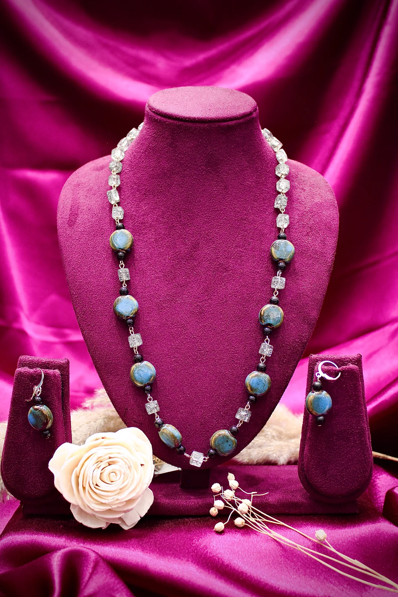 Blue Agate Stone Beaded Necklace Set with Earrings