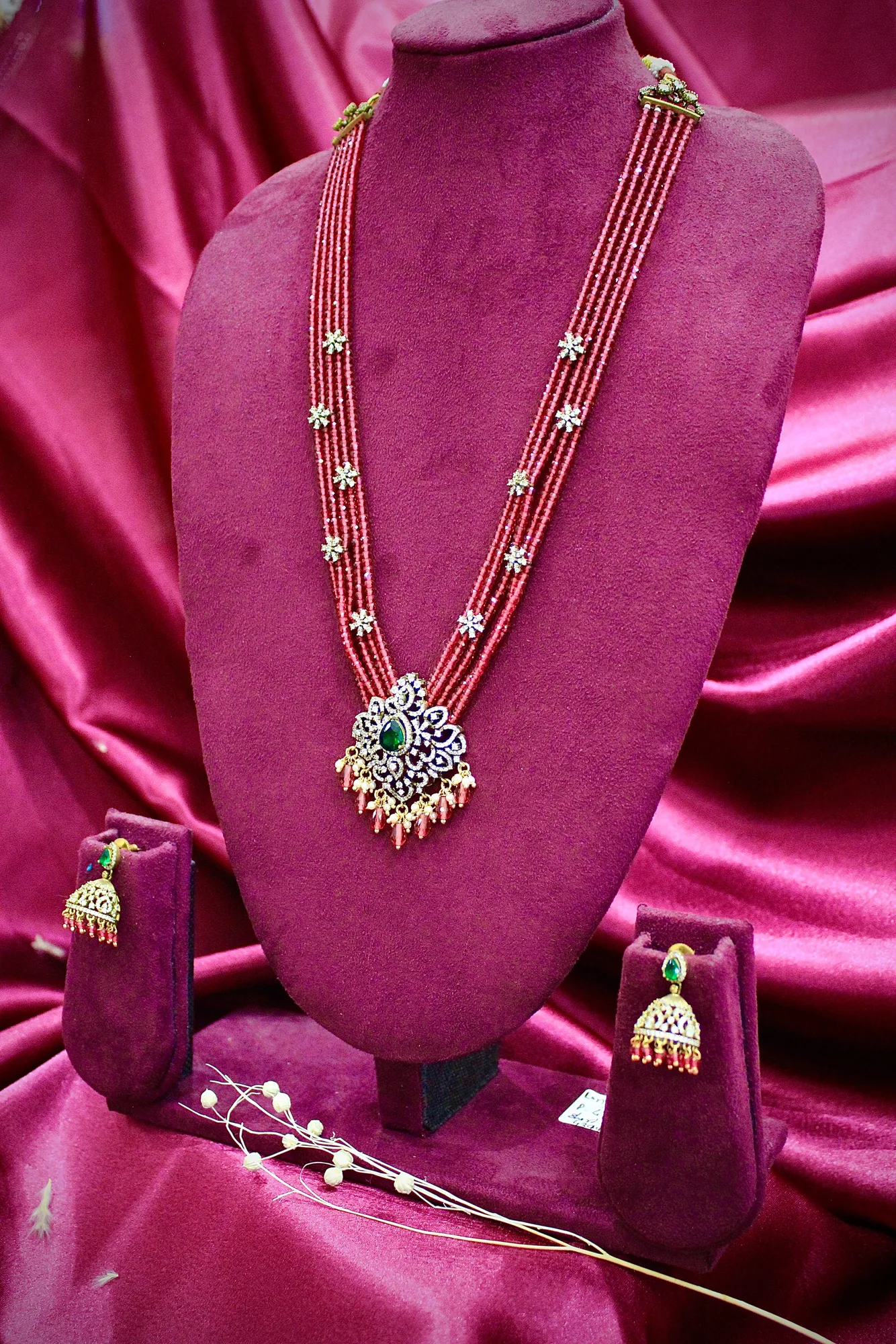 Ruby Red Multi-Strand Beaded Pendant Necklace Set