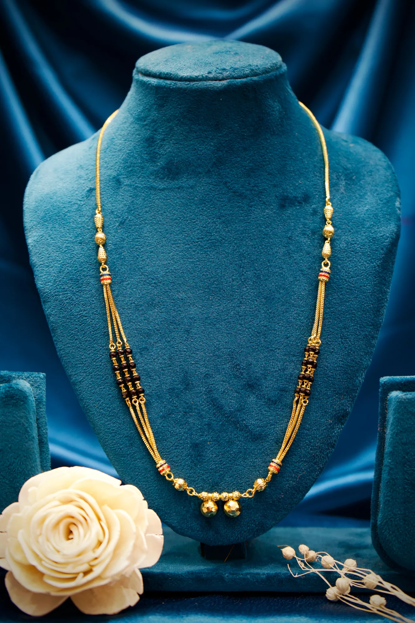 Traditional Triple-Strand Black Bead Mangalsutra with Dual Gold Charms