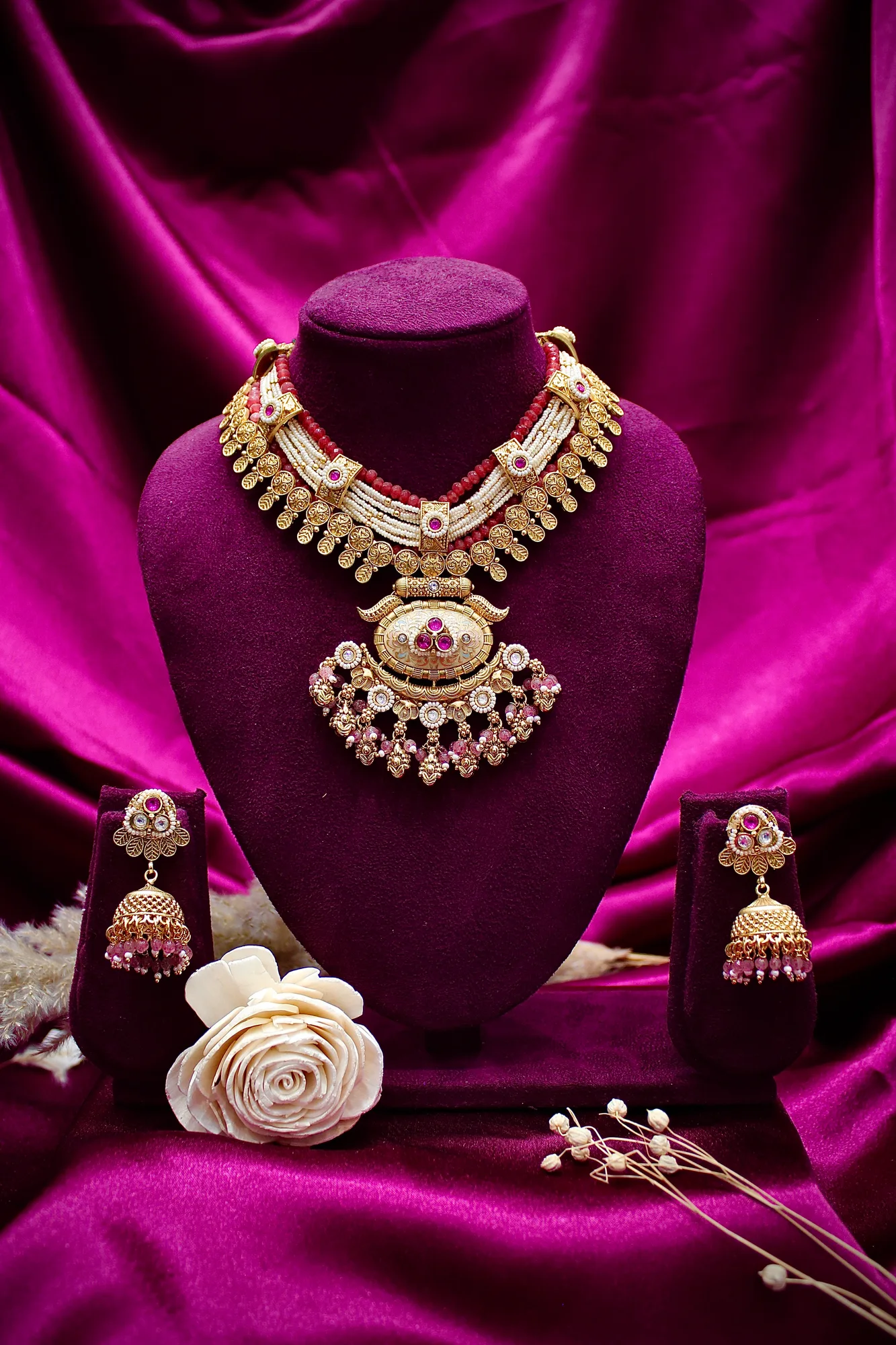 Royal Pink Bead & Pearl Layered Temple Necklace Set