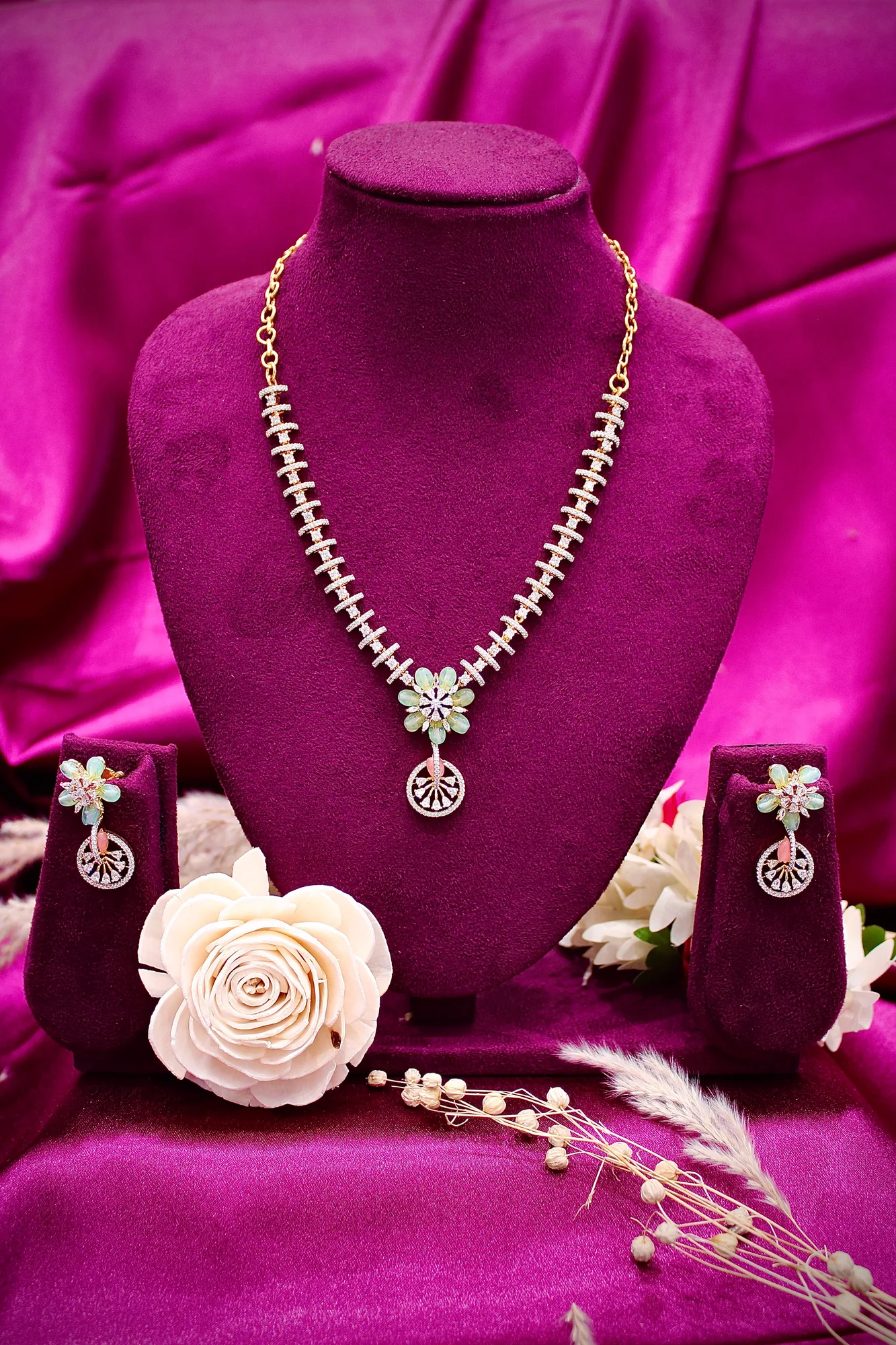Floral Mint Stone Pendant Necklace Set with CZ Accents