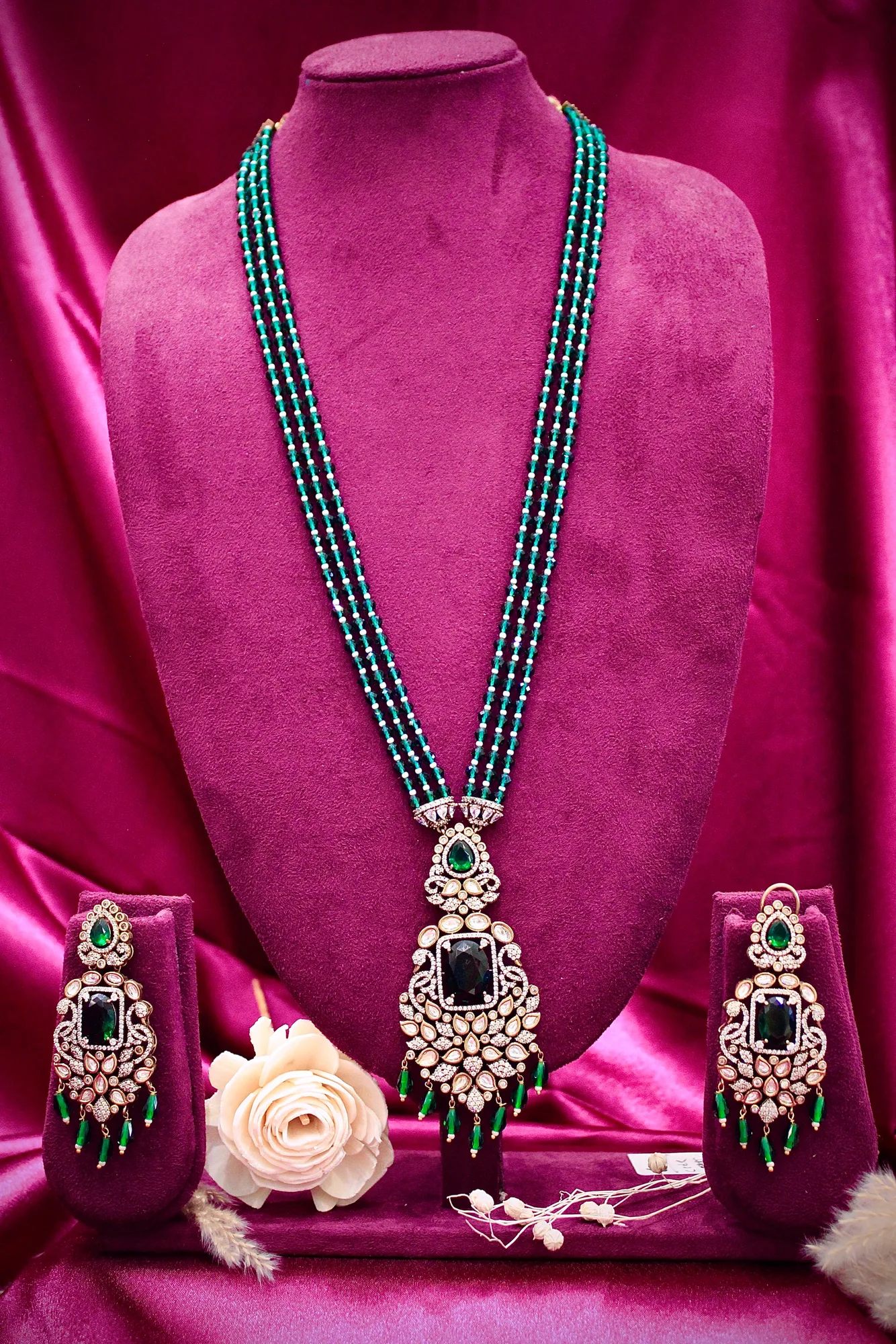 Emerald Green Multi-Strand Beaded Pendant Necklace Set