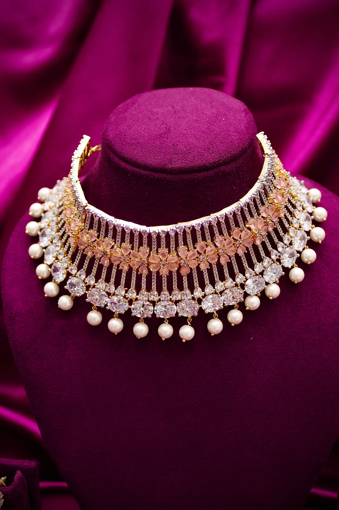 Luxury Floral American Diamond Pearl Choker Set with Statement Earrings