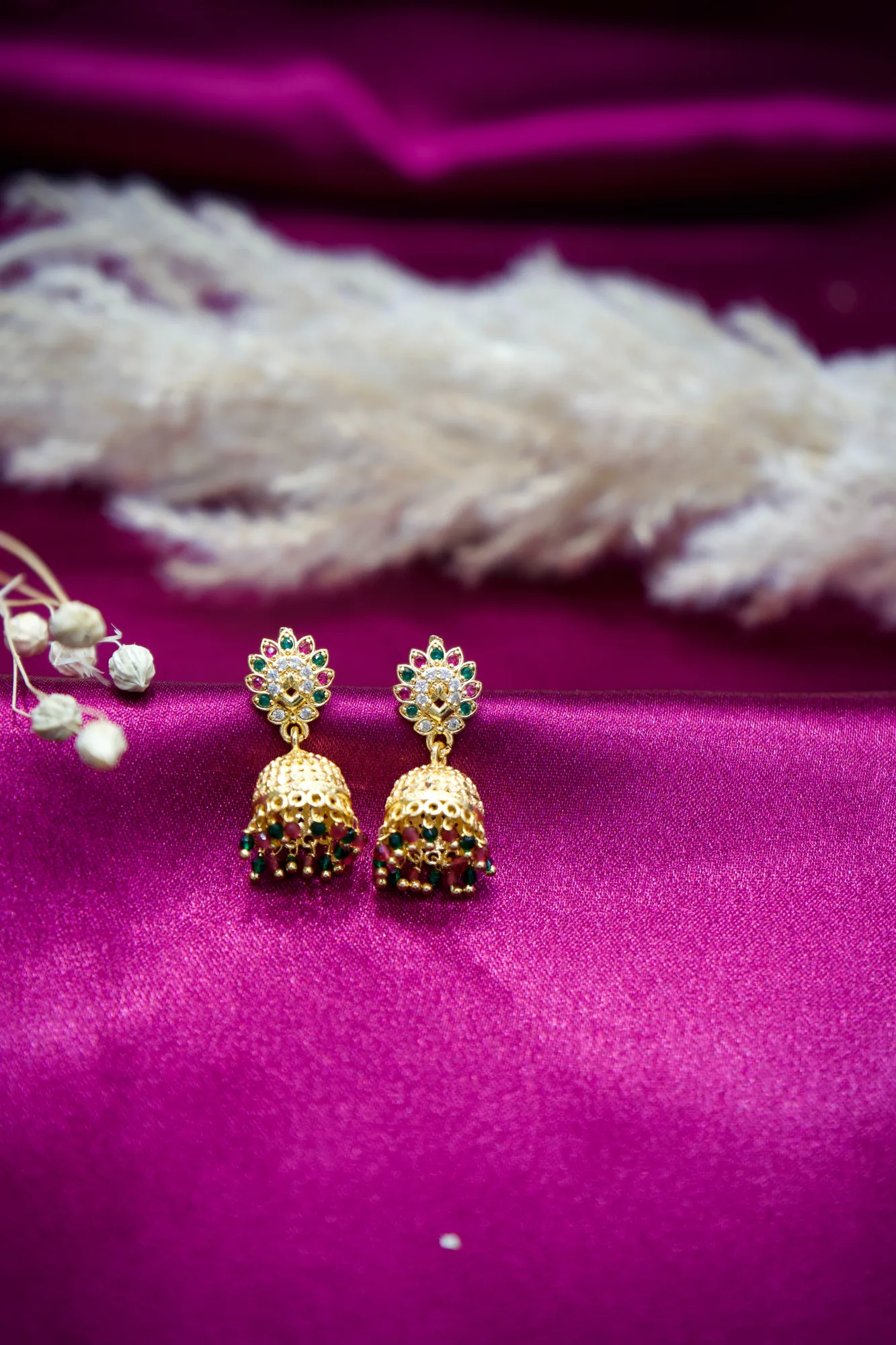 Multicolor Floral Jhumka Earrings with Bead Tassels
