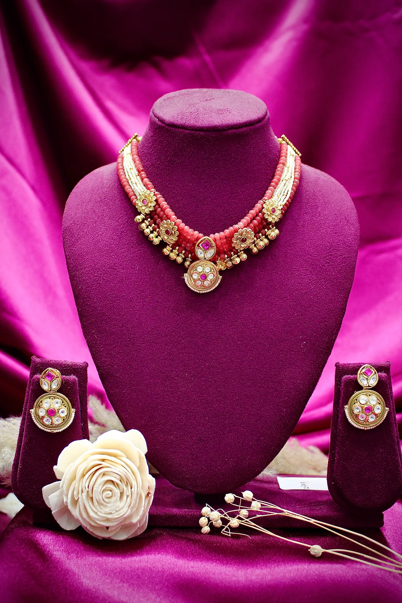 Pink Coral & Pearl Layered Choker Necklace Set
