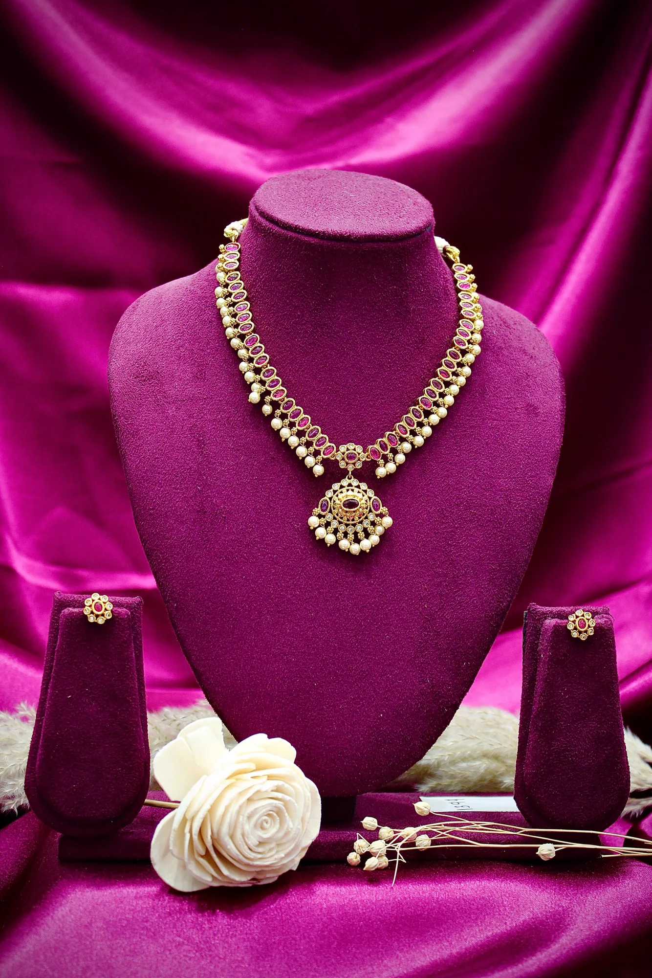 Ruby Stone Pearl Drop Traditional Necklace